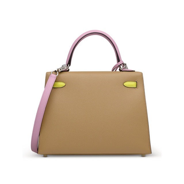 HERMES KELLY 25 SELLIER TRICOLOR CHAI MAUVE SYLVESTRE LIME EPSOM SILVER HARDWARE