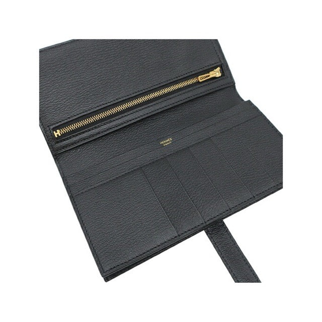 HERMES BEARN SOUFFLE GUSSET LONG WALLET BLACK CHEVRE GOLD HARDWARE