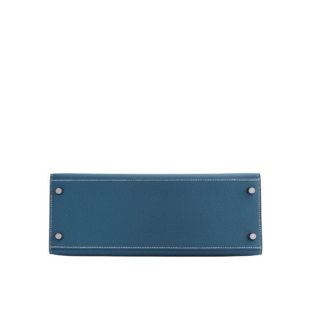 HERMES KELLY 28 SELLIER NEW BLEU JEAN EPSOM SILVER HARDWARE
