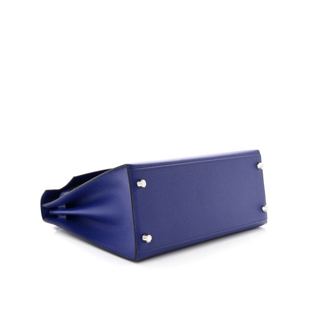 HERMES KELLY 28 SELLIER BLEU ELECTRIC EPSOM BRUSHED SILVER HARDWARE