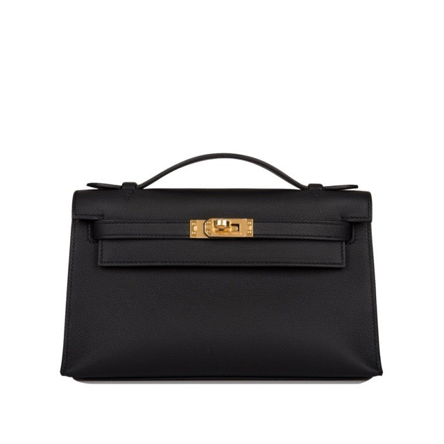 HERMES KELLY POCHETTE BLACK SWIFT GOLD HARDWARE