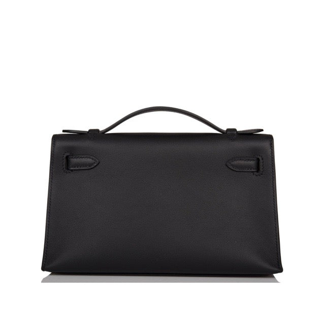 HERMES KELLY POCHETTE BLACK SWIFT GOLD HARDWARE