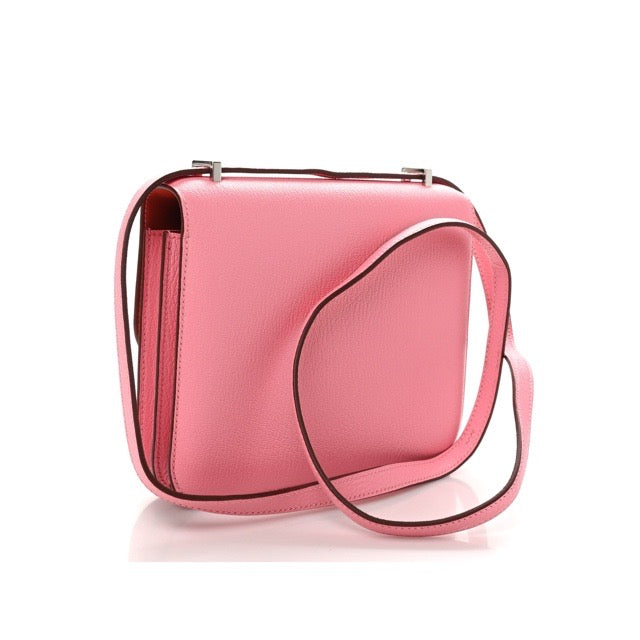 HERMES MINI CONSTANCE 18 VERSO BICOLOR ROSE CONFETTI SANGUINE CHEVRE SILVER HARDWARE