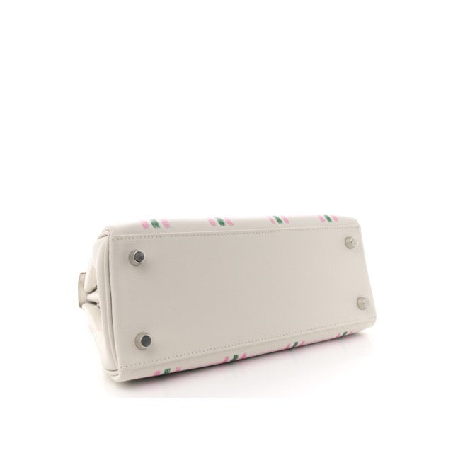 HERMES KELLY 25 RETOURNE TARTAN LIGHT GRIS PALE ROSE BUBBLEGUM VERT MOYEN SWIFT SILVER HARDWARE
