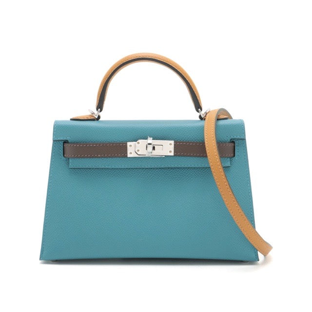 HERMES MINI KELLY 2 SELLIER 20 NEW BLEU JEAN ECORCE NATURAL SABLE EPSOM SILVER HARDWARE