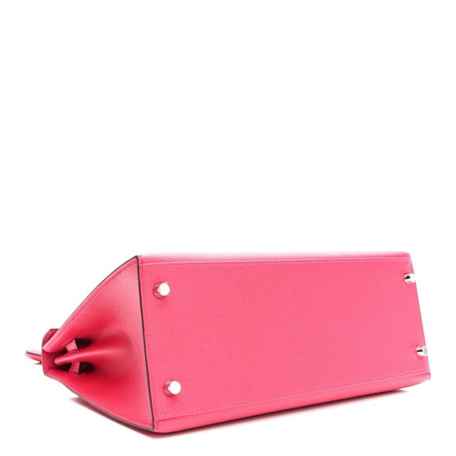 HERMES KELLY SELLIER 28 VERSO FRAMBOISE PRUNE EPSOM SILVER HARDWARE