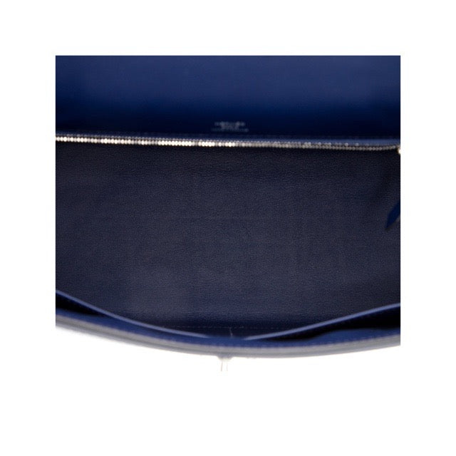 HERMES KELLY 28 SELLIER BLEU SAPHIR ECRU TOILE QUADRILLE CANVAS SWIFT SILVER HARDWARE
