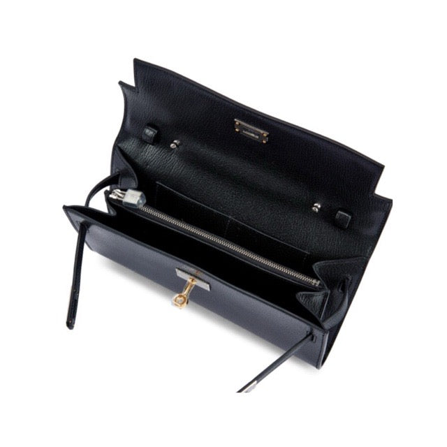 HERMES KELLY WALLET TO GO LONG WALLET BLACK CHEVRE MYSORE ELECTRUM GOLD SILVER HARDWARE