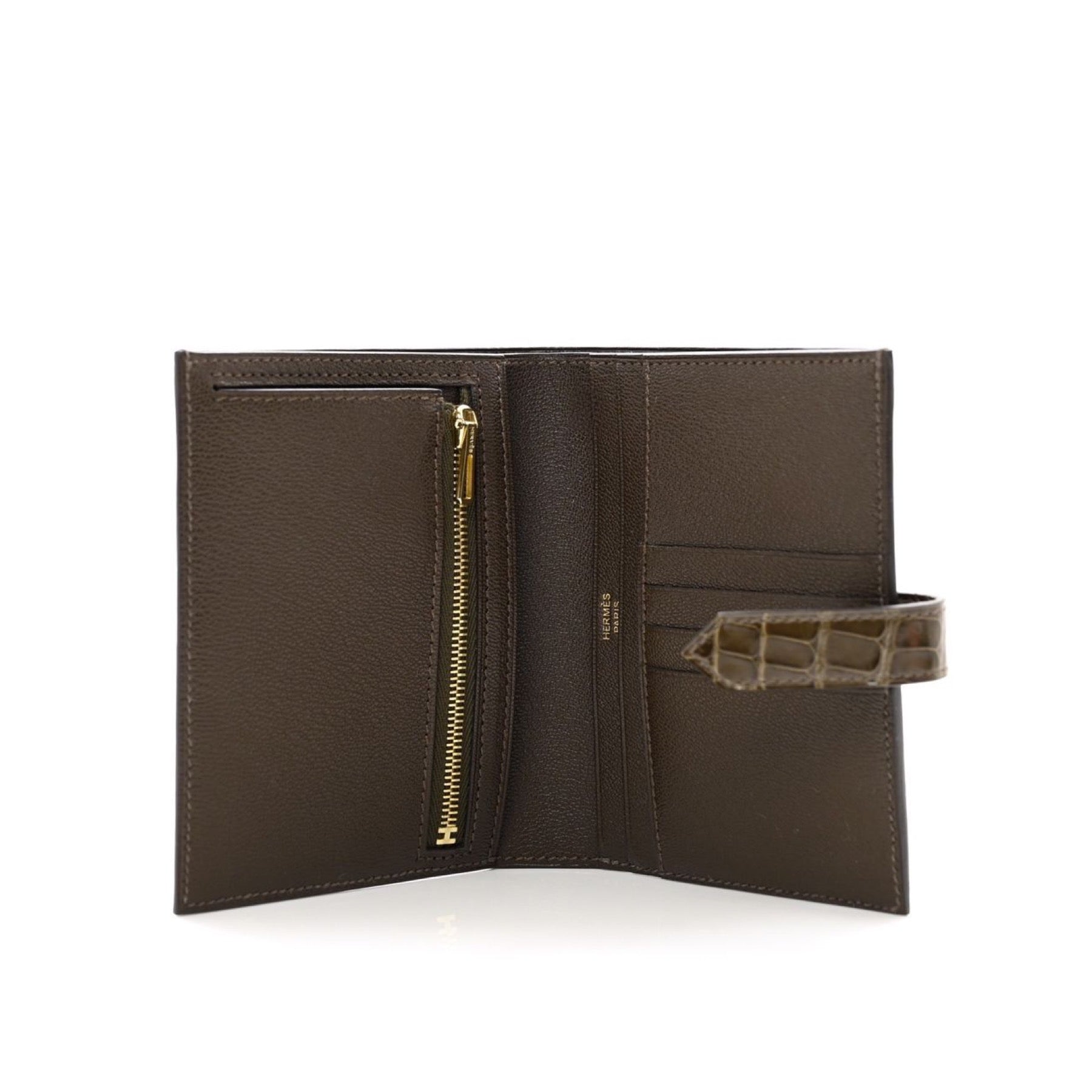 HERMES BEARN COMPACT WALLET GRIS ELEPHANT SHINY ALLIGATOR GOLD HARDWARE