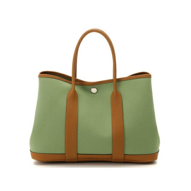 HERMES GARDEN PARTY 30 TPM TOTE BICOLOR VERT CRIQUET OCRE TOILE OFFICIER NEGONDA SILVER HARDWARE