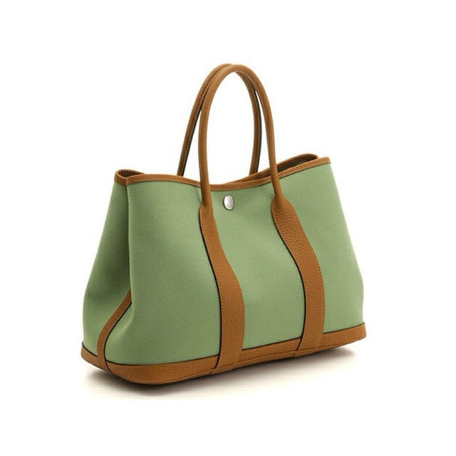 HERMES GARDEN PARTY 30 TPM TOTE BICOLOR VERT CRIQUET OCRE TOILE OFFICIER NEGONDA SILVER HARDWARE