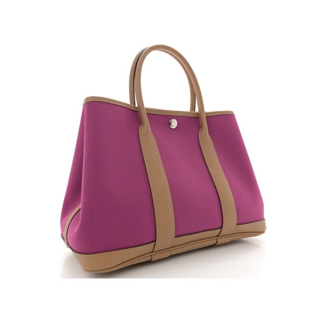 HERMES GARDEN PARTY 30 TPM TOTE BICOLOR ROSE POURPRE BISCUIT TOILE MILITARY NEGONDA SILVER HARDWARE