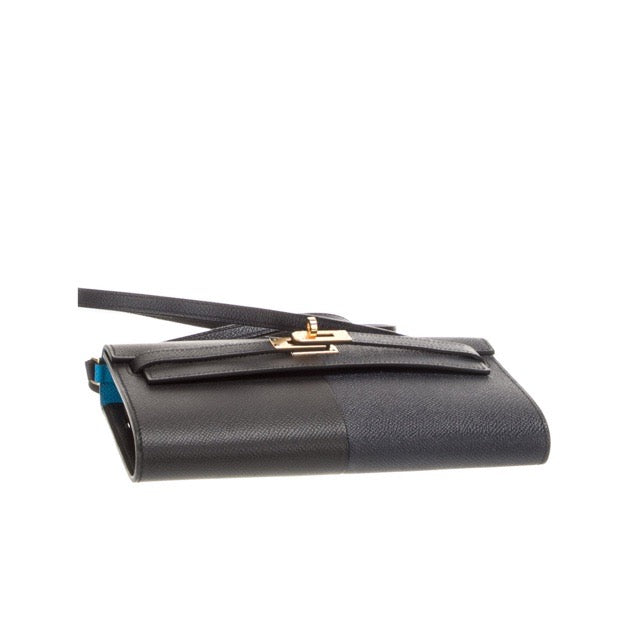 HERMES KELLY CASAQUE WALLET TO GO BLACK BLEU INDIGO BLEU FRIDA EPSOM GOLD HARDWARE