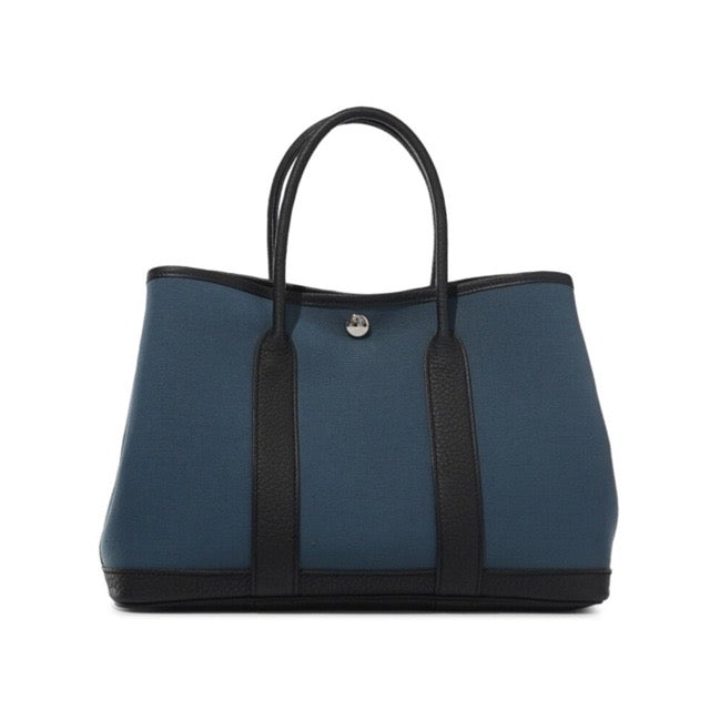 HERMES GARDEN PARTY 30 TPM TOTE BICOLOR BLEU TEMPETE BLACK TOILE OFFICIER NEGONDA SILVER HARDWARE