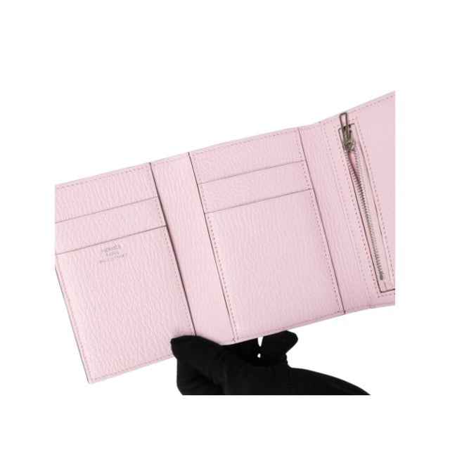 HERMES BEARN COMBINE TRI-FOLD WALLET ROSE DARLING CHEVRE MYSORE SILVER HARDWARE