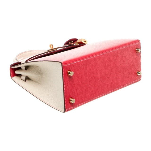 HERMES KELLY 25 SELLIER HSS PERSONAL ORDER ROUGE CASAQUE CRAIE EPSOM BRUSHED GOLD HARDWARE