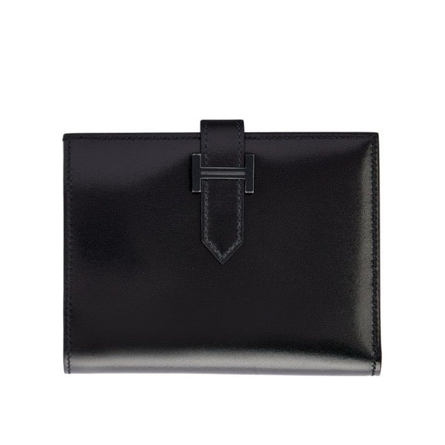 HERMES BEARN SO BLACK MONOCHROME COMPACT WALLET BLACK BOX CALFSKIN SO BLACK HARDWARE MONOCHROME
