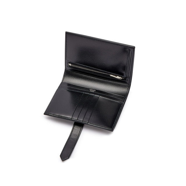 HERMES BEARN SO BLACK MONOCHROME COMPACT WALLET BLACK BOX CALFSKIN SO BLACK HARDWARE MONOCHROME