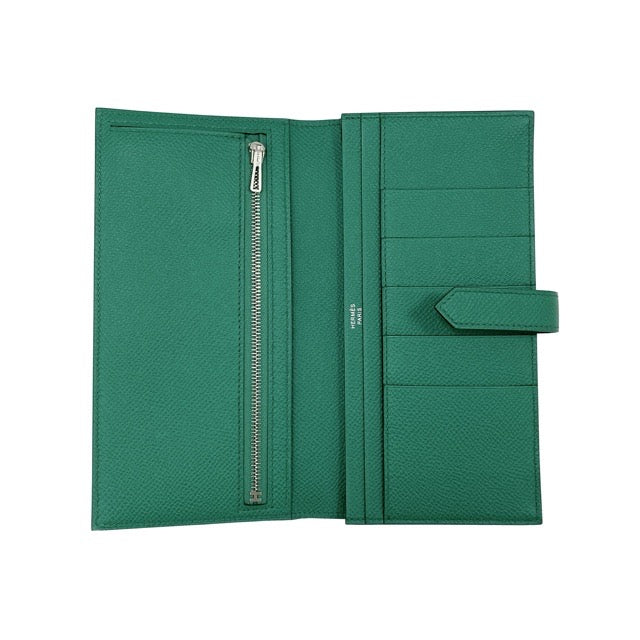HERMES BEARN SOUFFLE GUSSET WALLET VERT JADE EPSOM SILVER HARDWARE