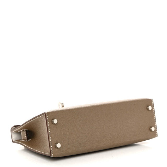 HERMES MINI KELLY 2 SELLIER 20 VERSO ETOUPE NEW WHITE CHEVRE SILVER HARDWARE