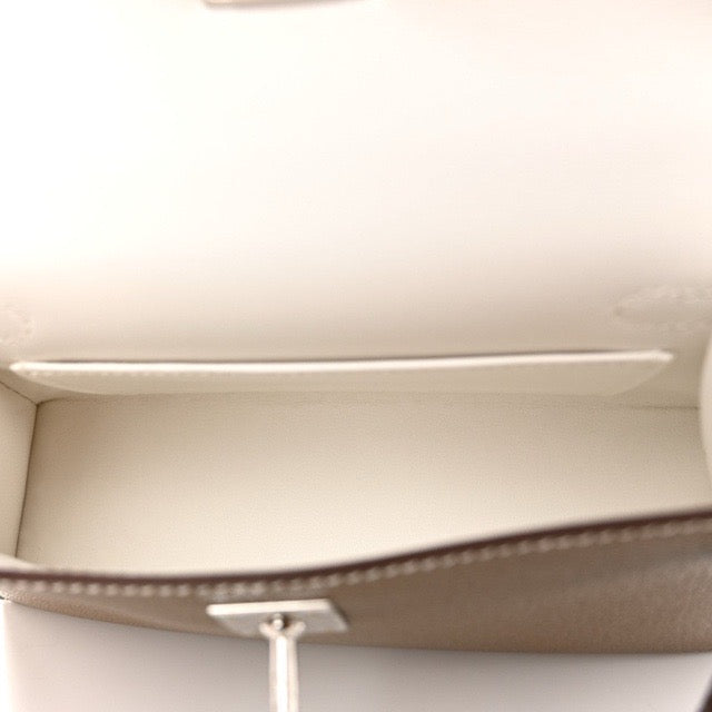 HERMES MINI KELLY 2 SELLIER 20 VERSO ETOUPE NEW WHITE CHEVRE SILVER HARDWARE