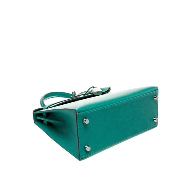 HERMES KELLY 25 SELLIER VERSO VERT VERONE DEEP BLEU MADAME SILVER HARDWARE