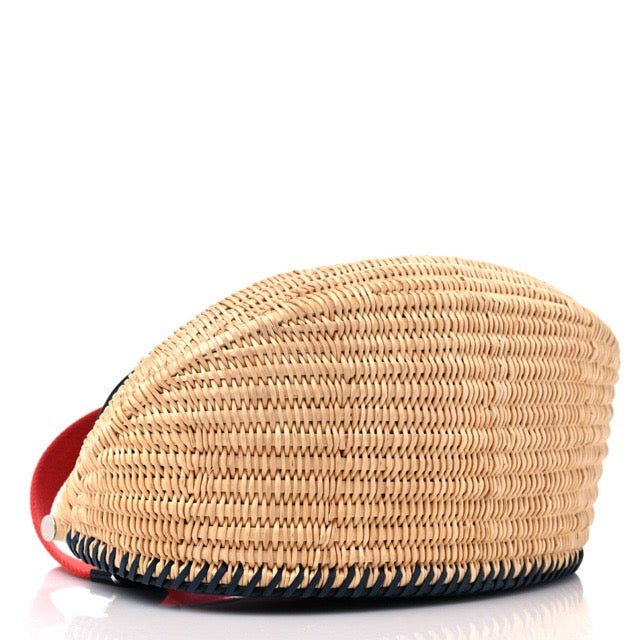 HERMES FISHING BASKET PICNIC BASKET SHOULDER BAG BLEU DE PRUSSE SWIFT WICKER SILVER HARDWARE