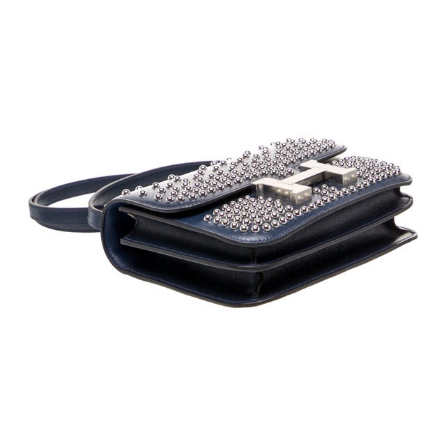HERMES MINI CONSTANCE 18 MIRROR CLOUTE BLEU ABYSSE BOX CALFSKIN SILVER HARDWARE
