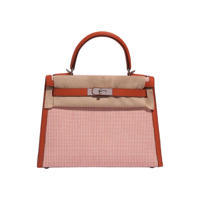 エルメス ケリー28 外縫い マルチカラー テールバテュー エクリュ トワルキャドリーユ キャンバス スイフト シルバー金具 HERMES KELLY SELLIER 28 TEERE BATTUE ECRU TOILE QUADRILLE CANVAS SWIFT SILVER HARDWARE