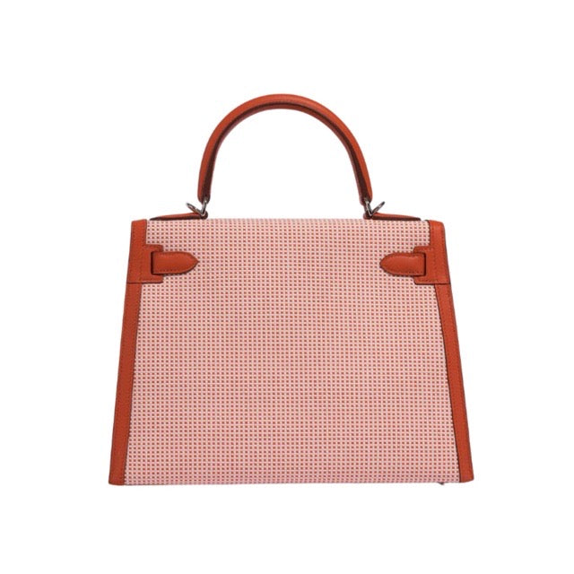 エルメス ケリー28 外縫い マルチカラー テールバテュー エクリュ トワルキャドリーユ キャンバス スイフト シルバー金具 HERMES KELLY SELLIER 28 TEERE BATTUE ECRU TOILE QUADRILLE CANVAS SWIFT SILVER HARDWARE