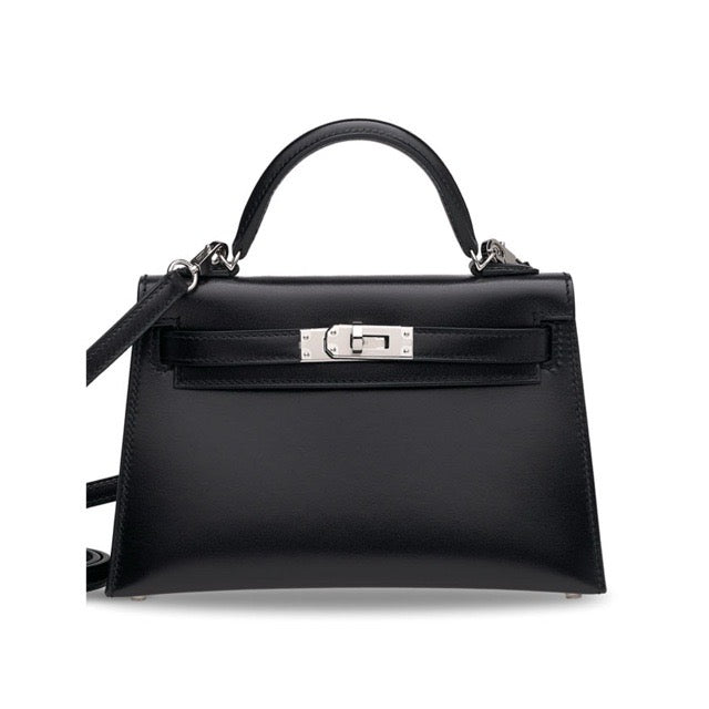 HERMES MINI KELLY 2 SELLIER 20 BLACK BOX CALFSKIN SILVER HARDWARE