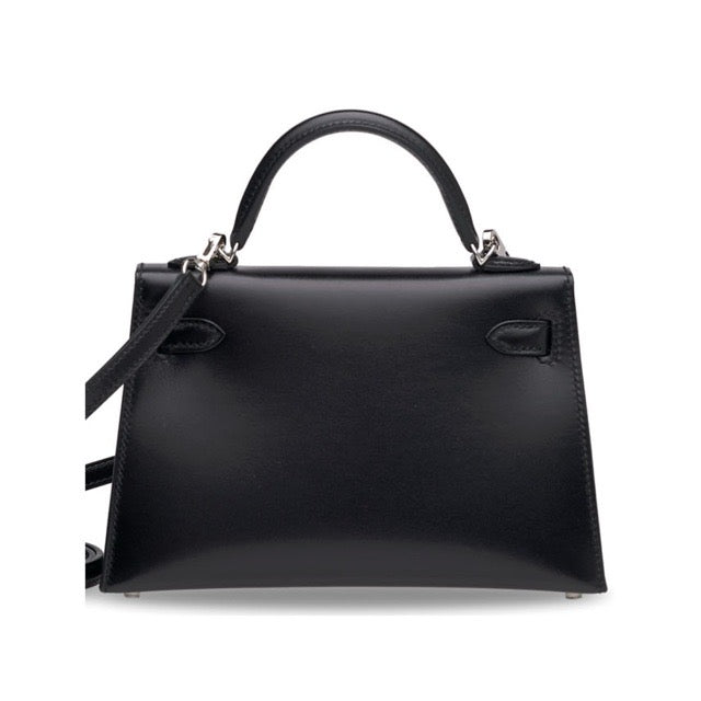 HERMES MINI KELLY 2 SELLIER 20 BLACK BOX CALFSKIN SILVER HARDWARE