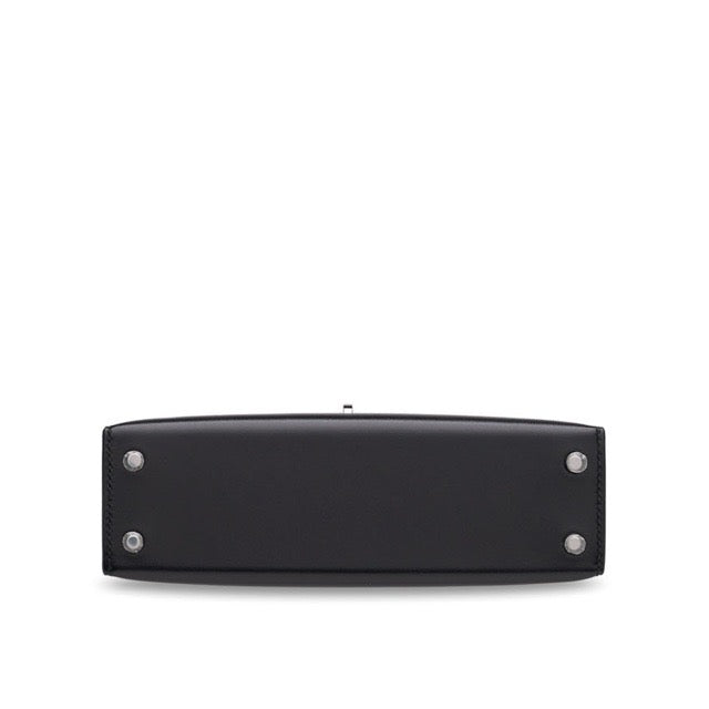 HERMES MINI KELLY 2 SELLIER 20 BLACK BOX CALFSKIN SILVER HARDWARE