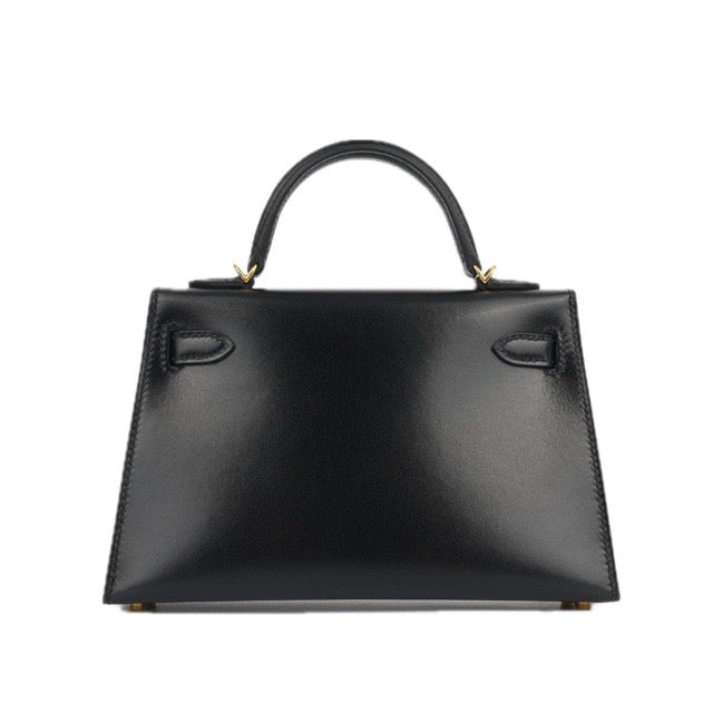 HERMES MINI KELLY 2 SELLIER 20 BLACK BOX CALFSKIN GOLD HARDWARE