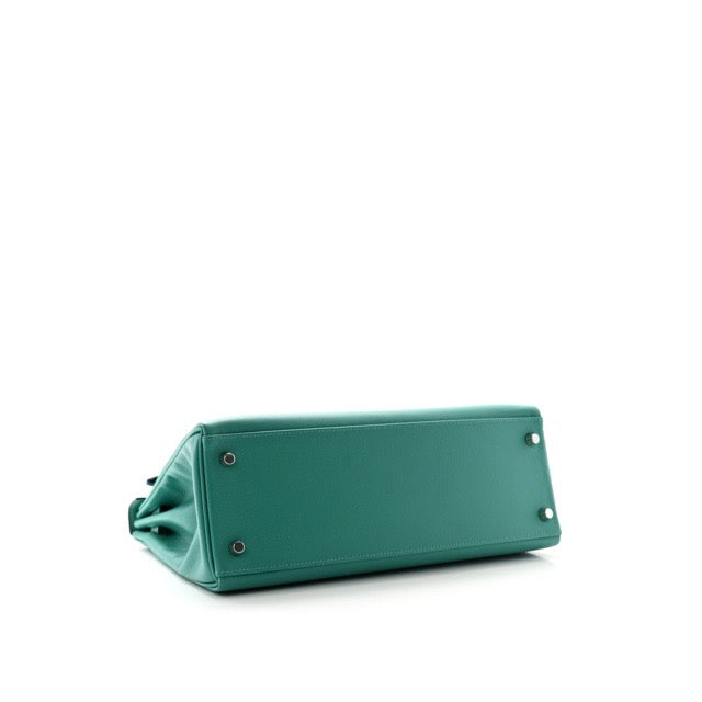 HERMES KELLY 32 RETOURNE VERSO VERT VERONE BLEU DU NORD EVERCOLOR SILVER HARDWARE