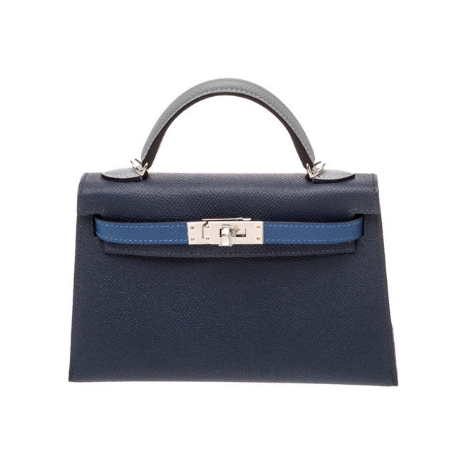 HERMES MINI KELLY 20 SELLIER TRI-COLOR BLEU ABYSSE GRIS PANTIN BLEU TIE EPSOM SILVER HARDWARE