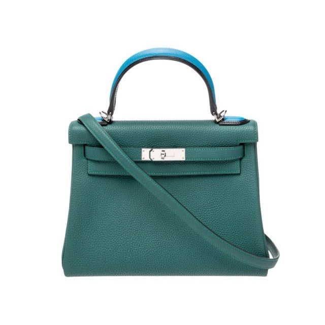 HERMES KELLY 28 RETOURNE AU PAS MALACHITE BLEU ZANZIBAR BLACK TOGO / EVERCOLOR SILVER HARDWARE