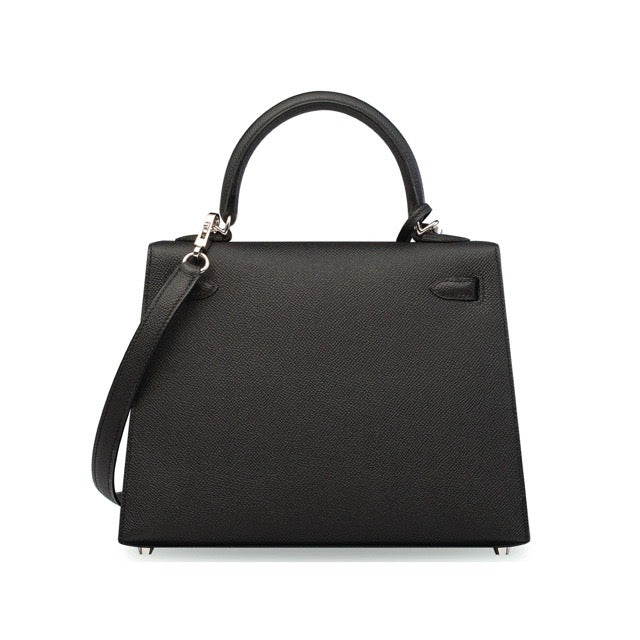 HERMES KELLY 25 SELLIER BLACK EPSOM SILVER HARDWARE