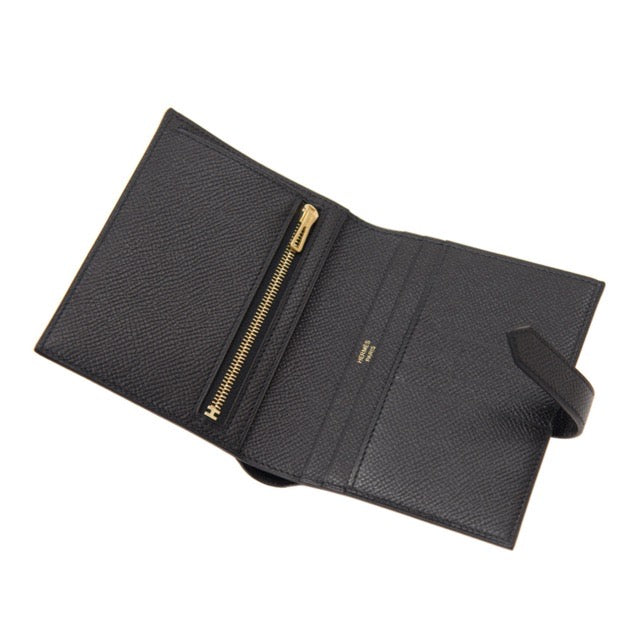 HERMES BEARN COMPACT WALLET BLACK EPSOM GOLD HARDWARE