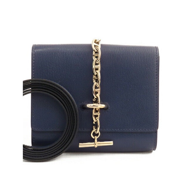HERMES CHAINE D'ANCRE COMPACT WALLET BLEU SAPHIR CHEVRE PERMABRASS CHAMPAGNE GOLD HARDWARE