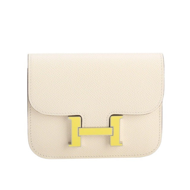 HERMES CONSTANCE SLIM WALLET CRAIE EPSOM LIME YELLOW SILVER HARDWARE