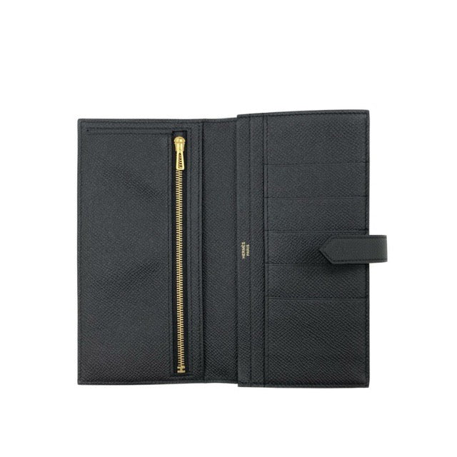 HERMES BEARN SOUFFLE GUSSET WALLET BLACK EPSOM GOLD HARDWARE