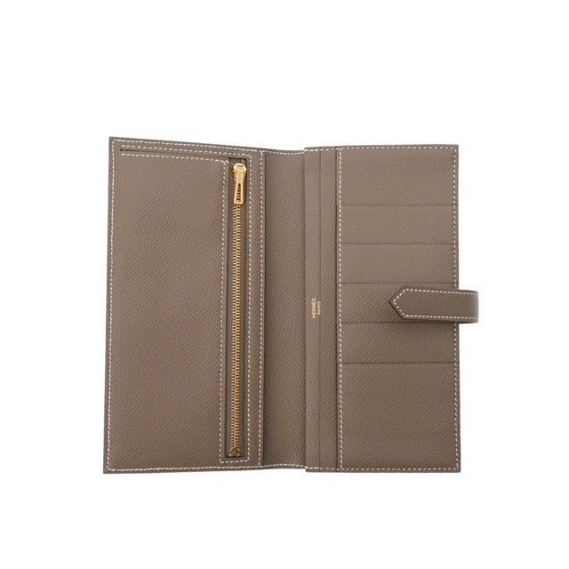 HERMES BEARN SOUFLLE GUSSET LONG WALLET ETOUPE EPSOM GOLD HARDWARE