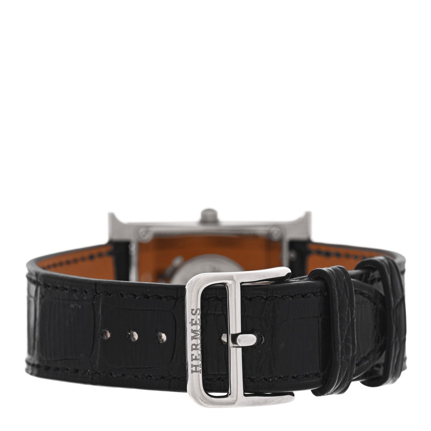 Hermès 18K White Gold Alligator Leather Diamond and Gray Sapphire 26mm H Watch Hour Quartz Watch Noir