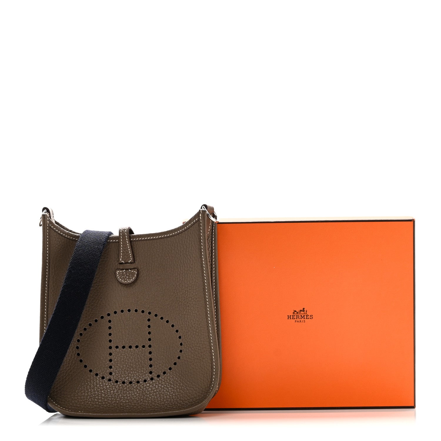 HERMES MINI EVELYNE TPM ETOUPE BLEU INDIGO TAURILLON CLEMENCE SILVER HARDWARE