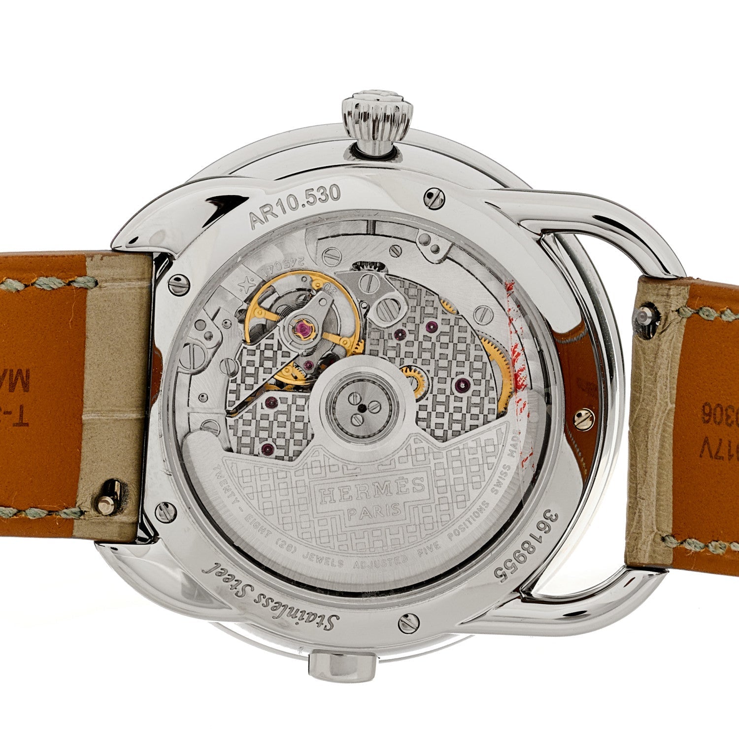 HERMES ARCEAU WATCH 38mm STAINLESS STEEL GRIS PERLE ALLIGATOR