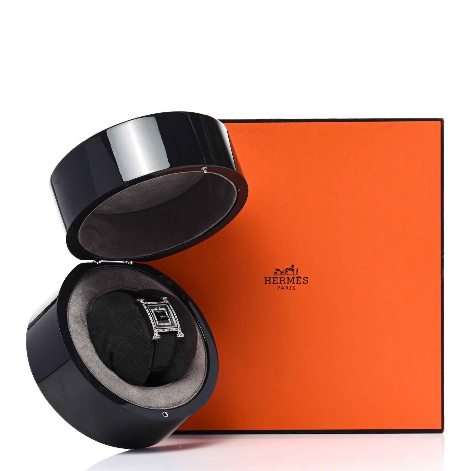 Hermès 18K White Gold Alligator Leather Diamond and Gray Sapphire 26mm H Watch Hour Quartz Watch Noir