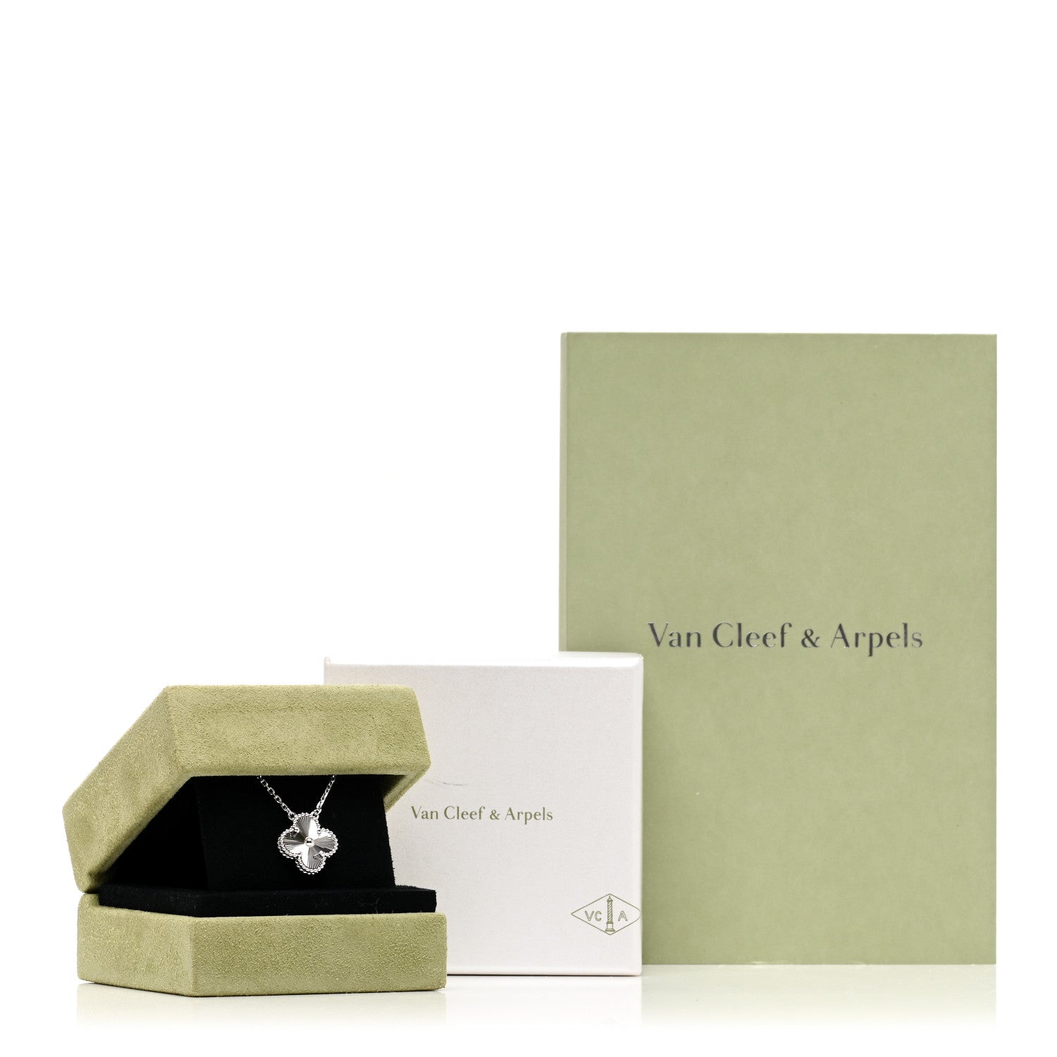 Van Cleef & Arpels 18K White Gold Guilloche Vintage Alhambra Pendant Necklace