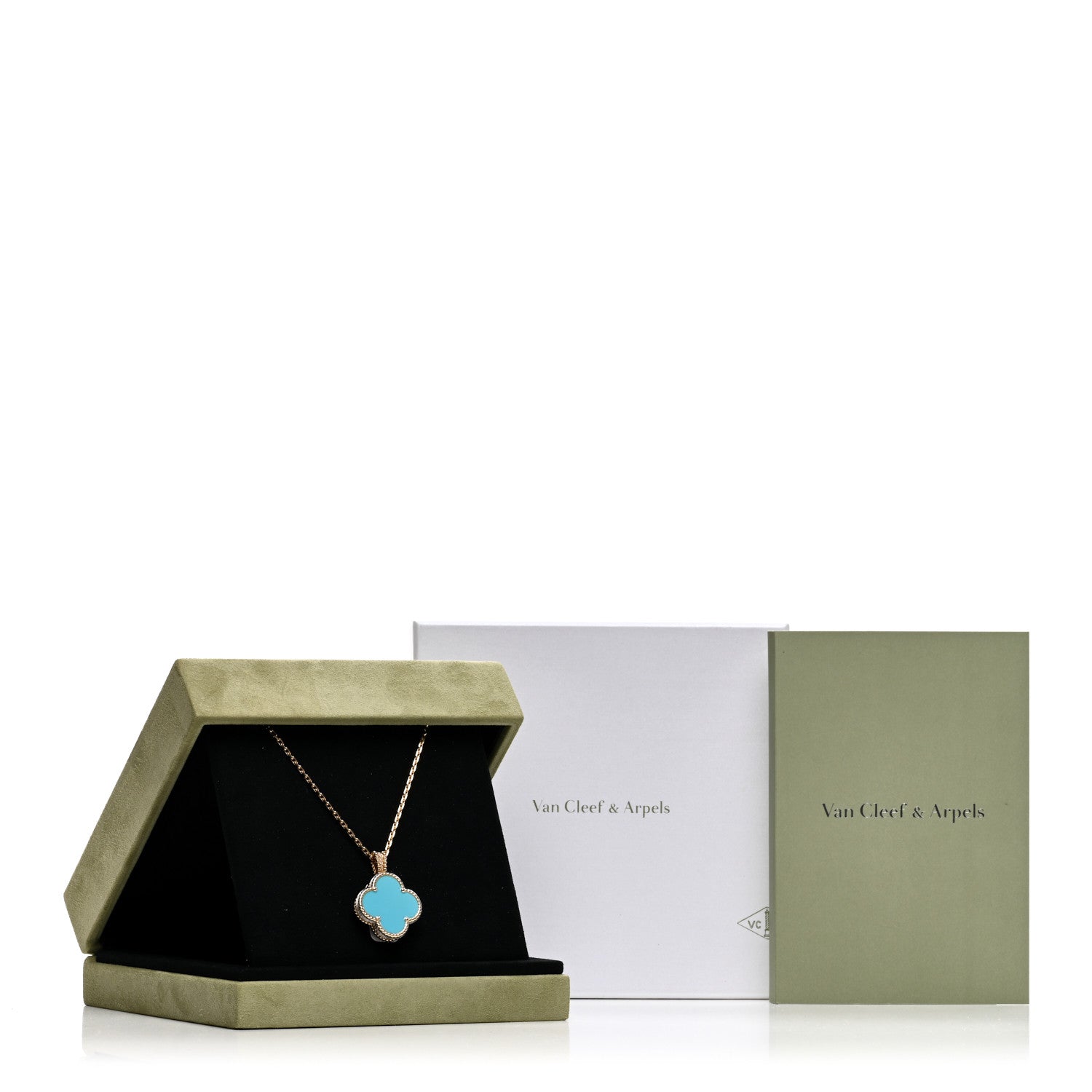 Van Cleef & Arpels 18K Yellow Gold Diamond Turquoise Mother-of-Pearl 28mm Alhambra Secret Pendant Quartz Watch