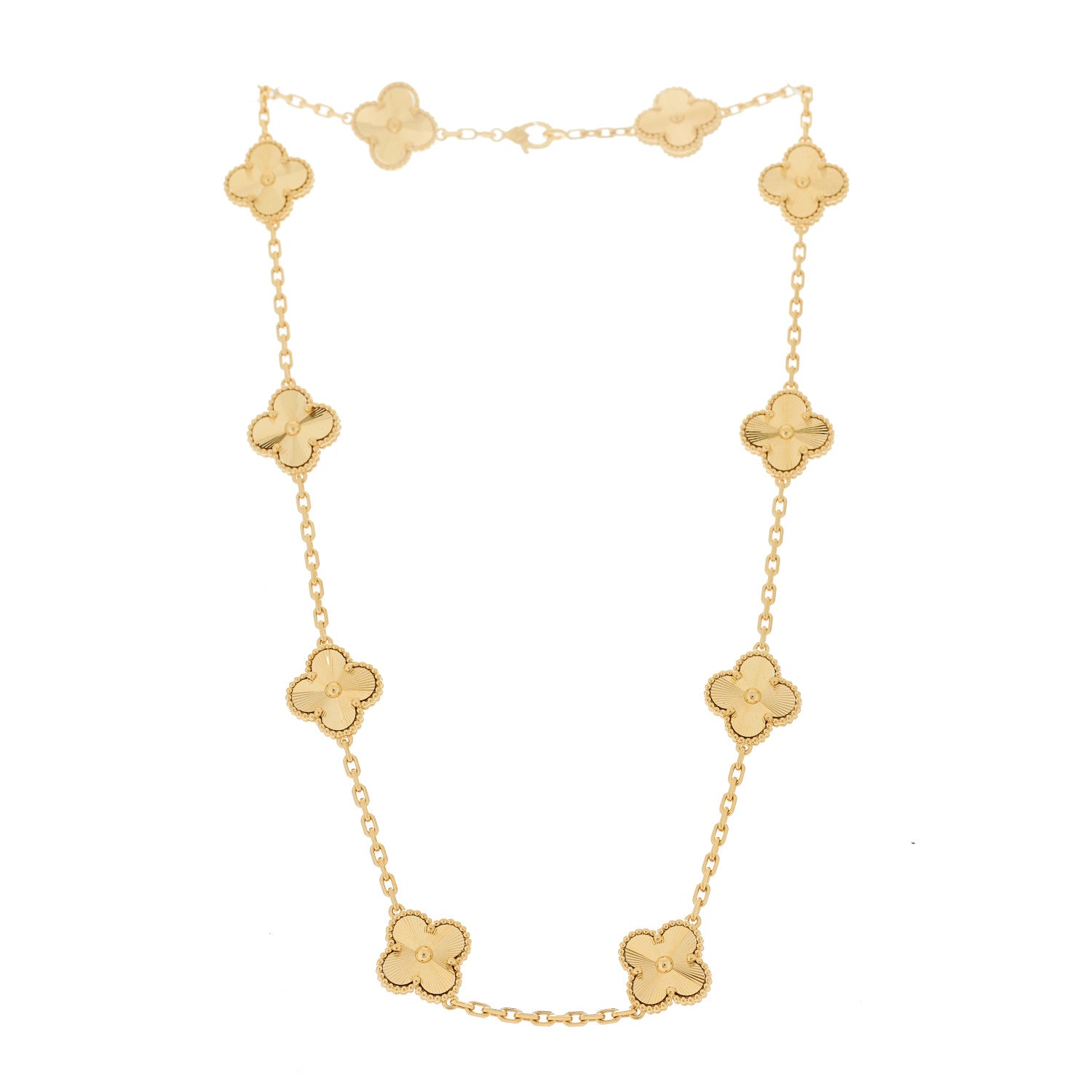VAN CLEEF & ARPELS VINTAGE ALHAMBRA 10 MOTIFS NECKLACE GUILLOCHÉ 18K YELLOW GOLD